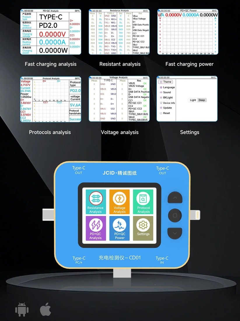تستر و آنالایزر شارژ حرفه ای آیفون و اندروید JCID CD01